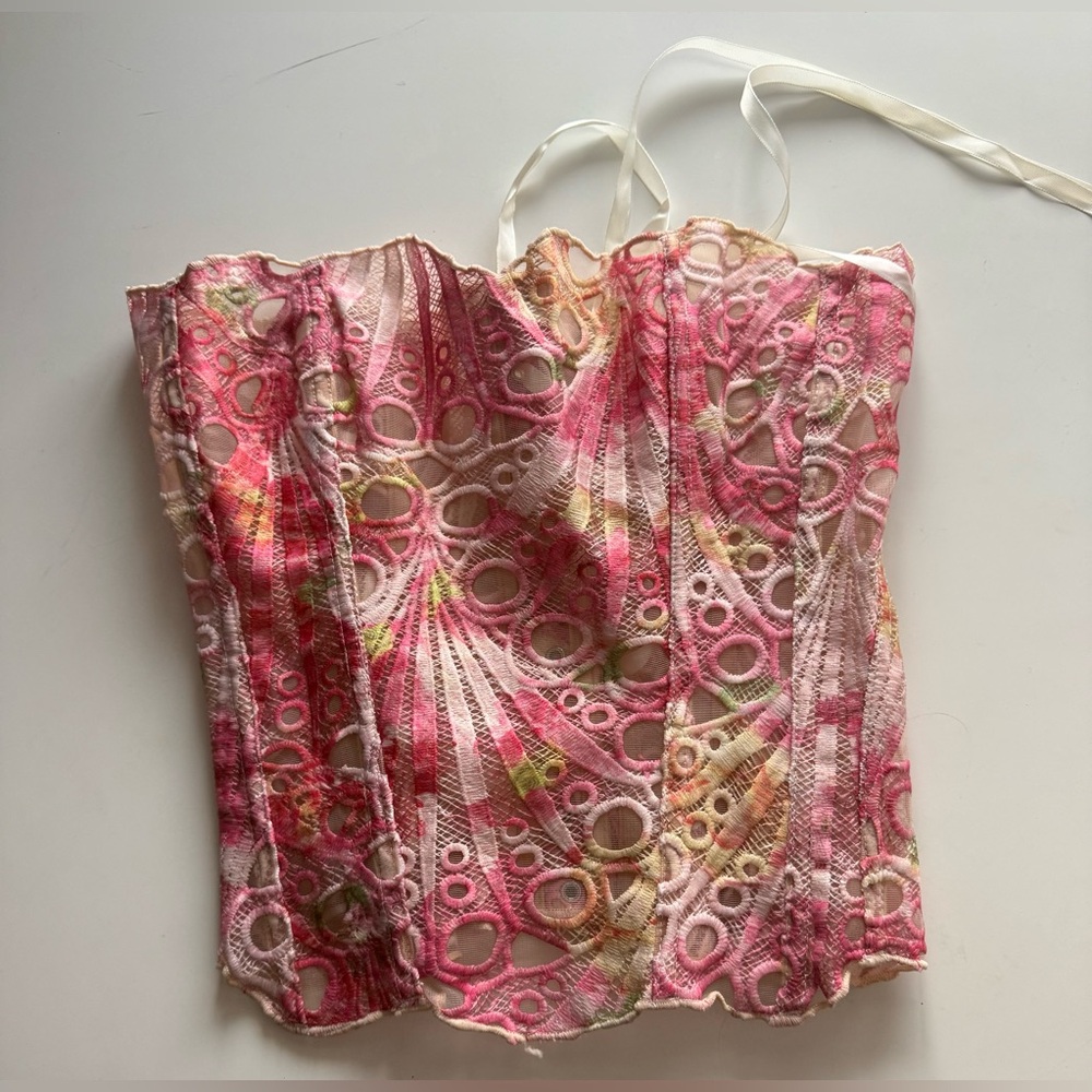 Women’s Lace Corset Bustier Top Pink Floral Lace Up Boned Corset Size M